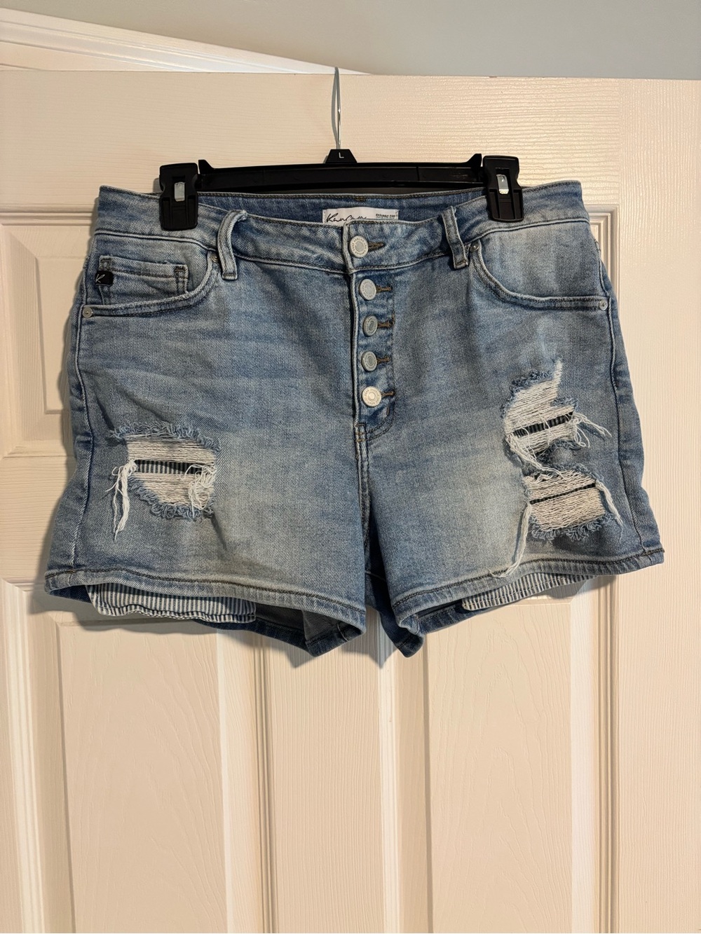 KanCan Light Blue Distressed Button-Fly Denim Shorts